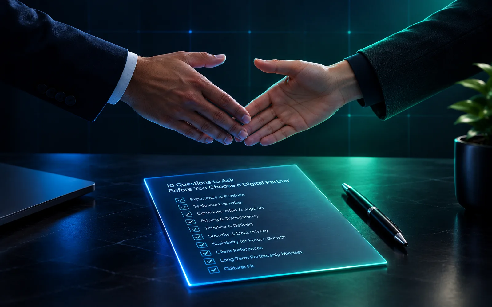 Two hands about to shake over a glowing checklist of questions for choosing a digital partner