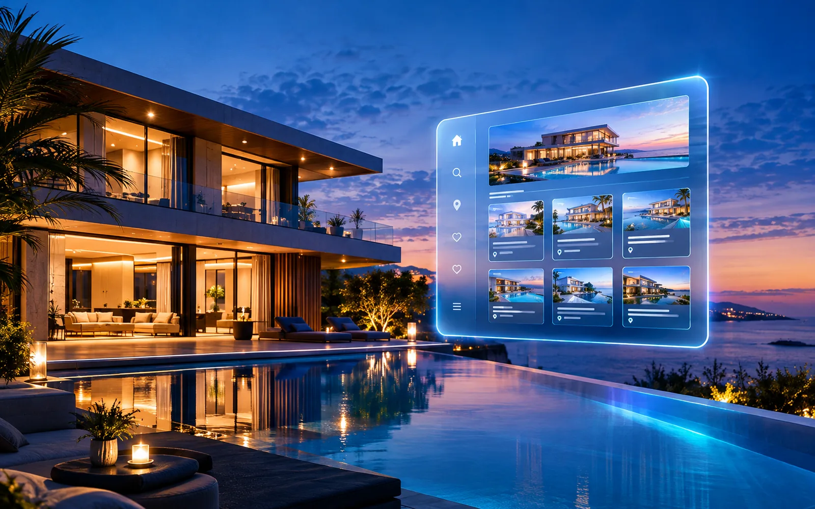 Modern villa with an infinity pool at dusk beside a floating property-listing interface