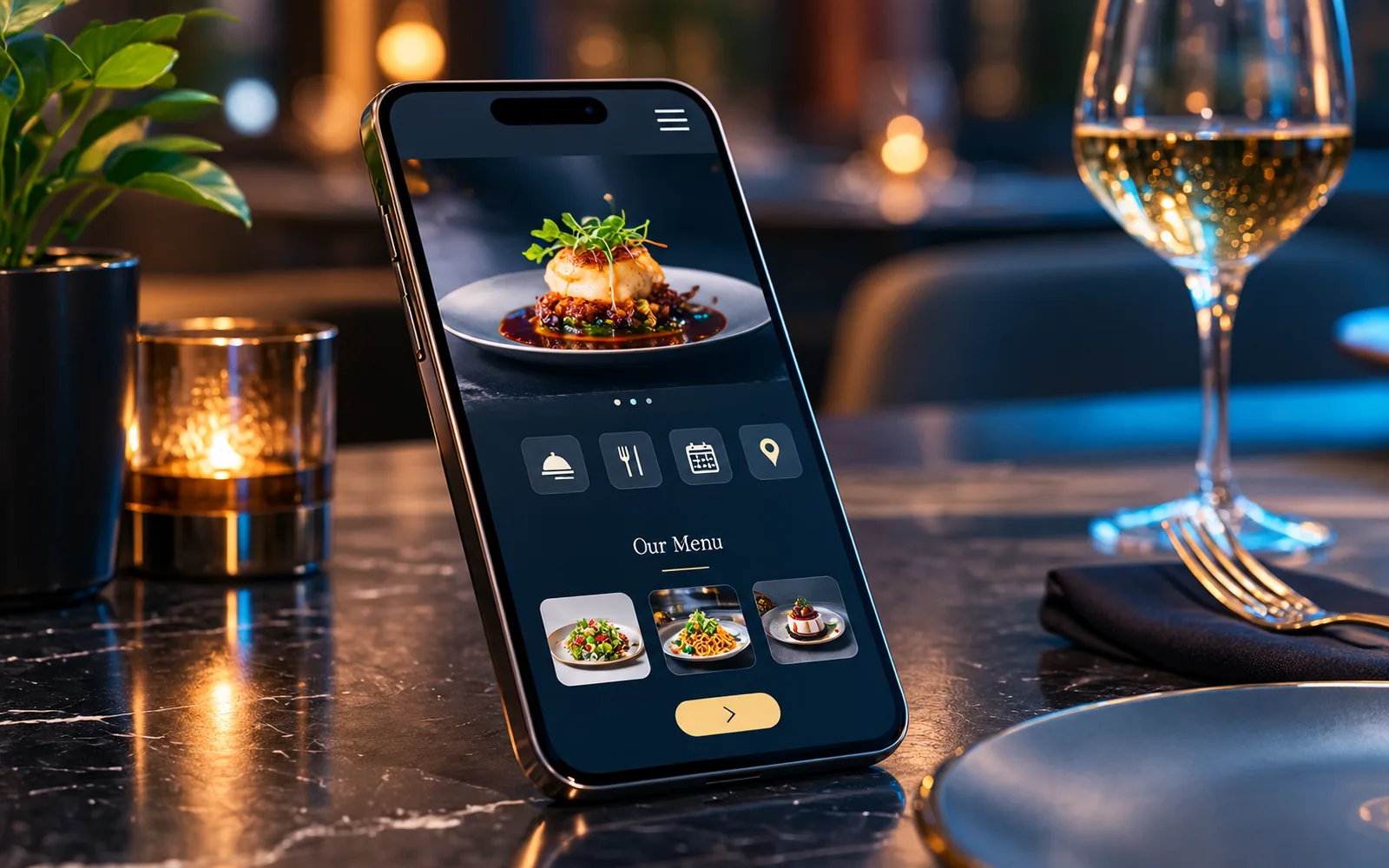 Smartphone showing a restaurant menu website on a marble table in a dimly lit dining room
