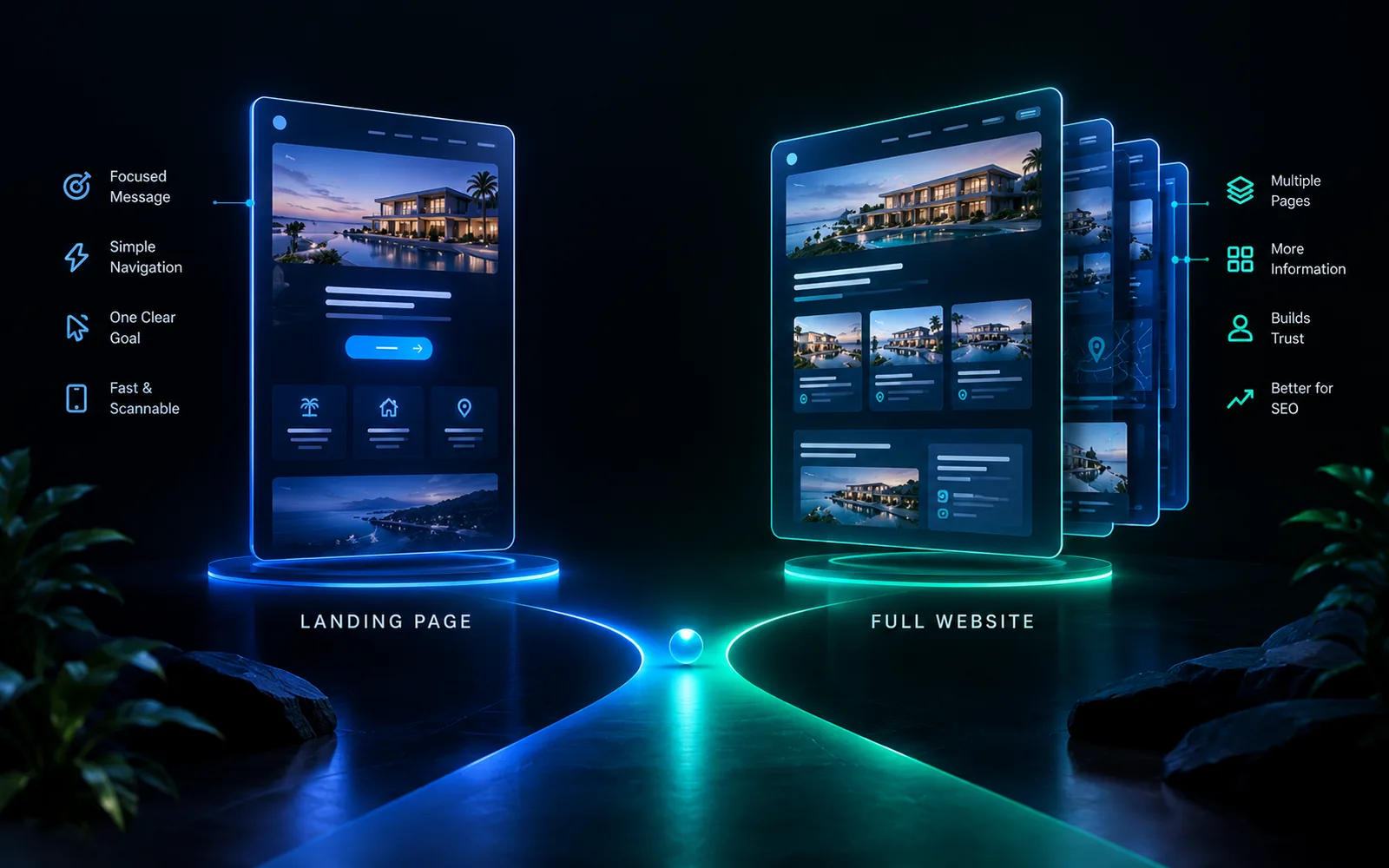 A single-page landing page and a multi-page website shown side by side on two paths