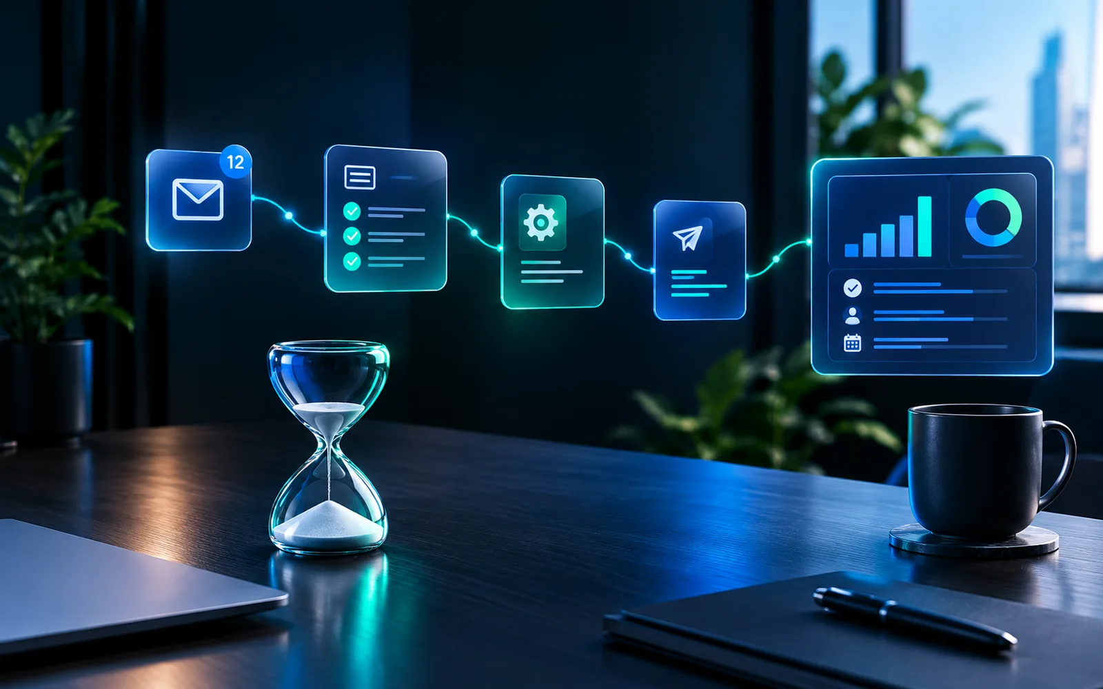 Automated workflow cards connected from an inbox to a reporting dashboard, with an hourglass on the desk