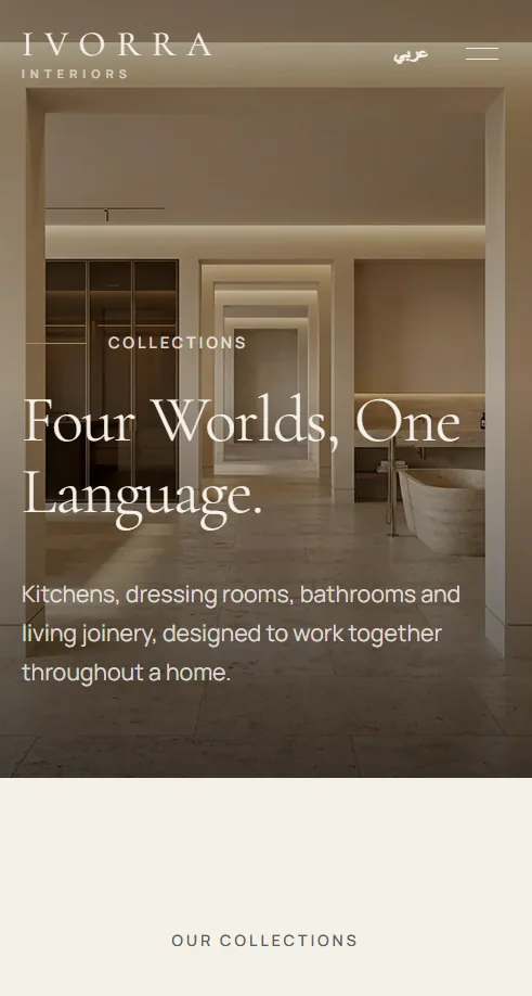 Ivorra Interiors — Luxury Design Studio — Each collection presented like a catalogue spread on mobile