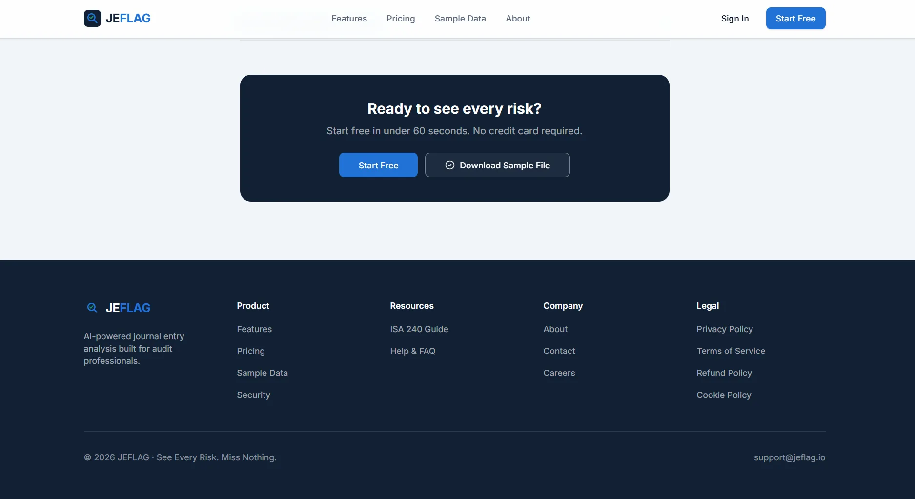 JEFlag — Audit SaaS — A focused call to action and a complete product footer