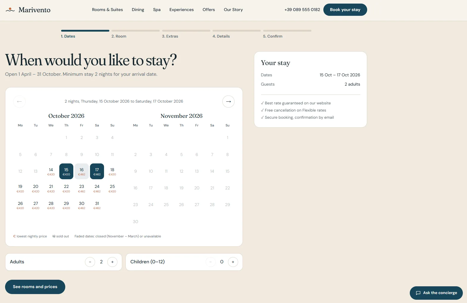 Marivento — Boutique Cliff Hotel — A price calendar that sells the dates