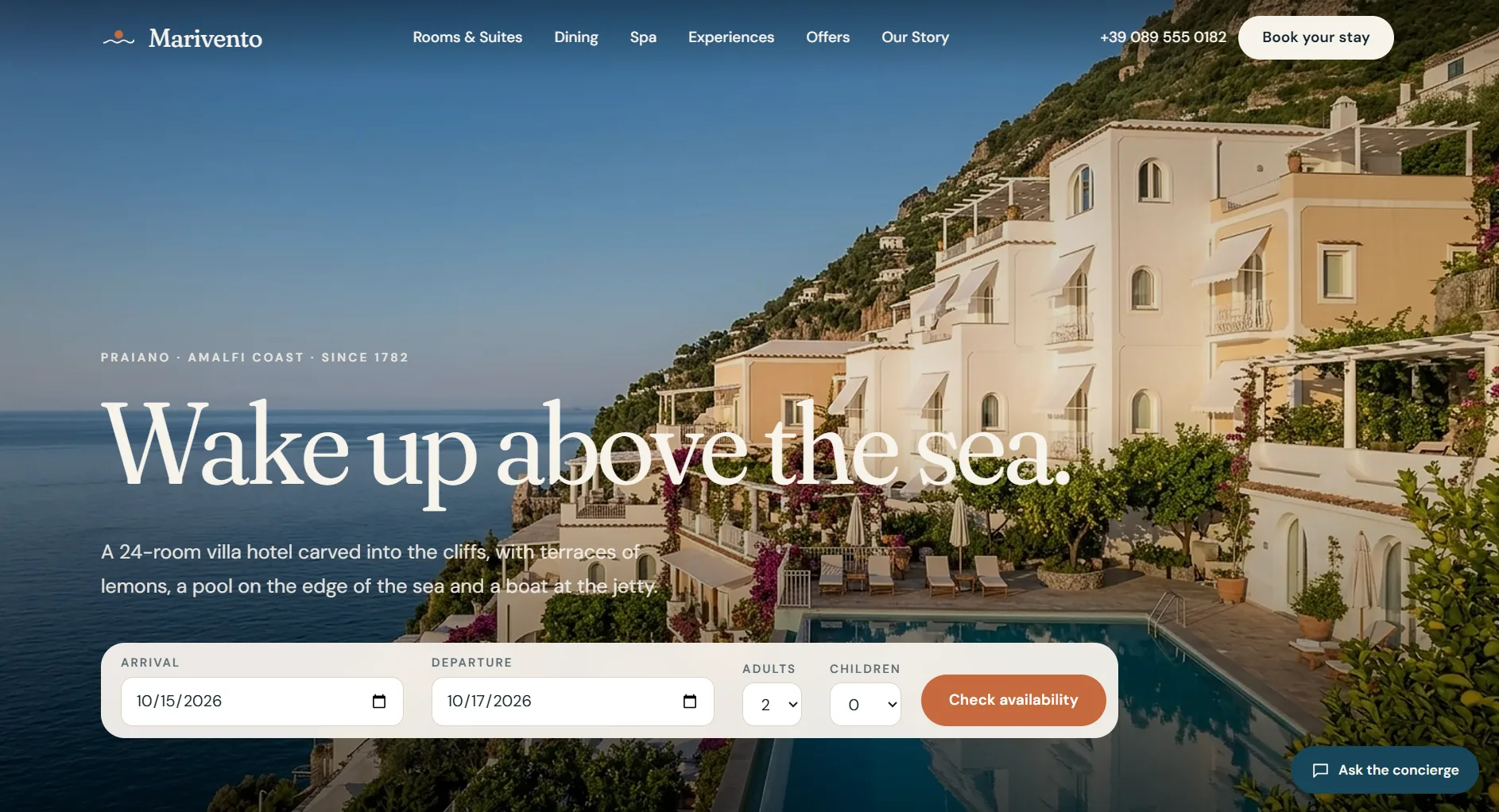 Marivento — Boutique Cliff Hotel — website screenshot
