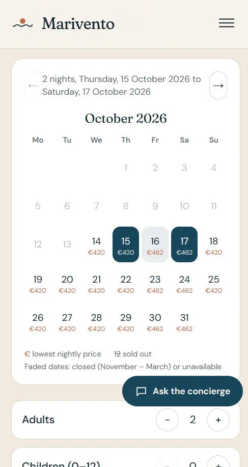Marivento — Boutique Cliff Hotel — A price calendar that sells the dates on mobile