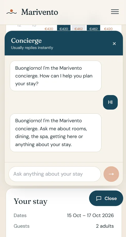 Marivento — Boutique Cliff Hotel — A concierge that's always on duty on mobile