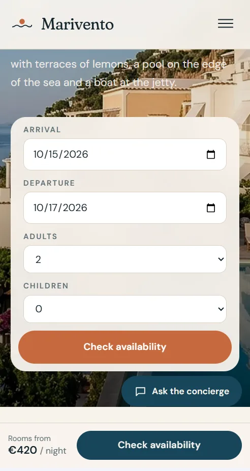 Marivento — Boutique Cliff Hotel — Booking starts on the first screen on mobile
