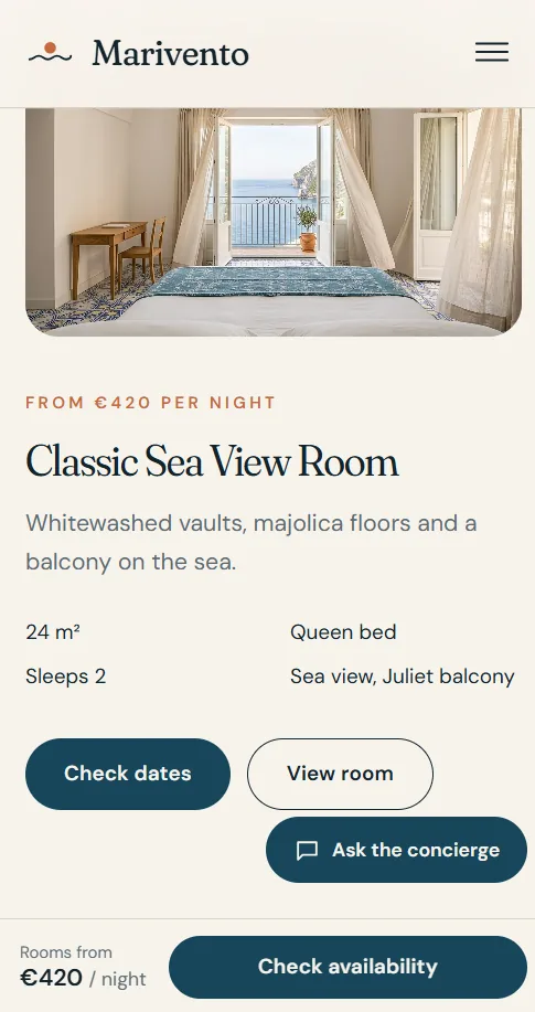 Marivento — Boutique Cliff Hotel — Six rooms, easy to compare on mobile