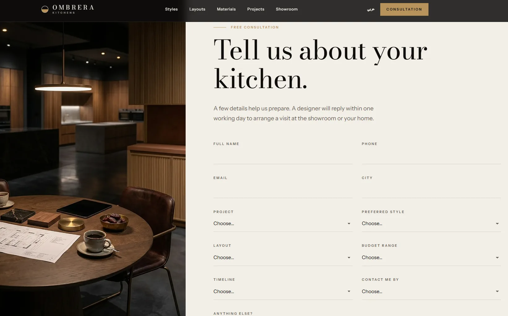 Ombrera Kitchens — Kitchen Design Studio — A form that qualifies the lead for the designer