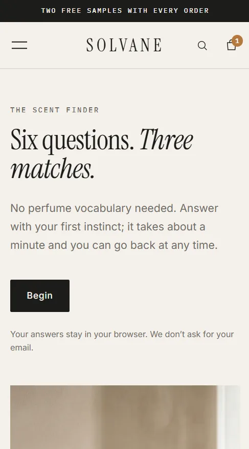 Solvane — Niche Perfume Store — Six questions, three matches on mobile