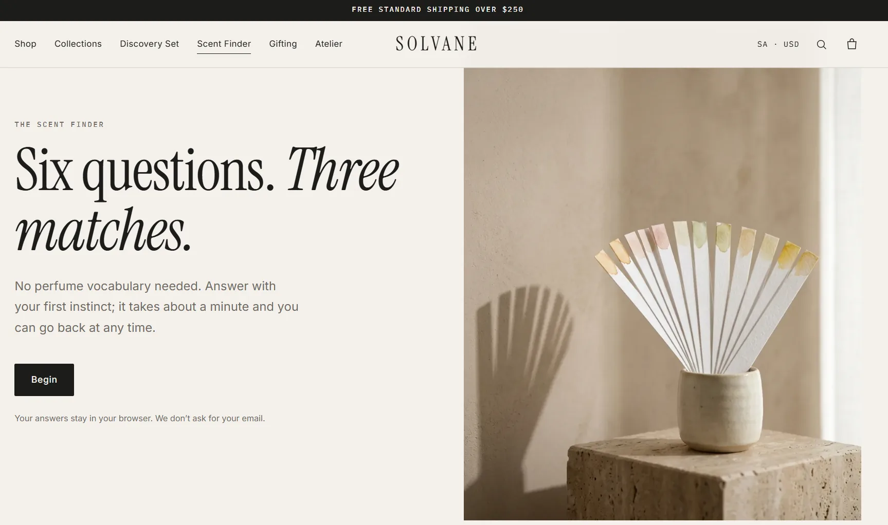 Solvane — Niche Perfume Store — Six questions, three matches